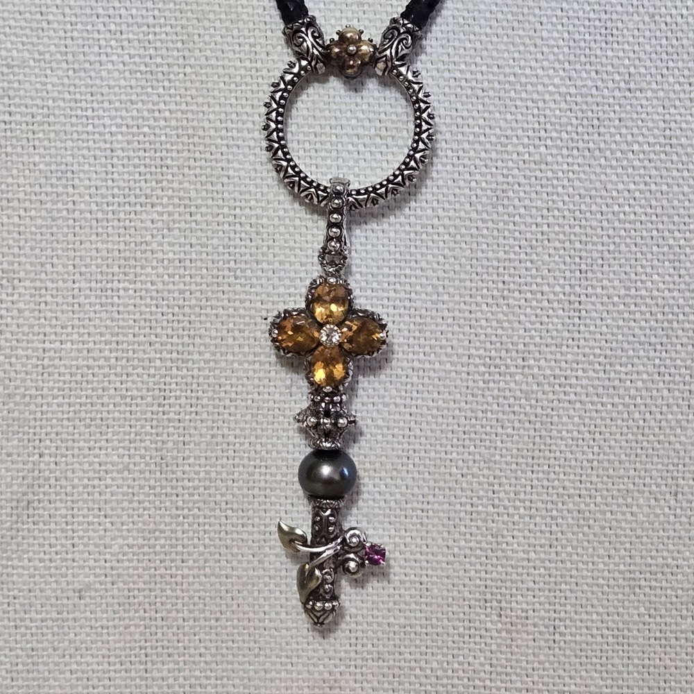 Barbara Bixby Sterling 18k Gold Black Leather Cord Key Citrine Pendant Necklace